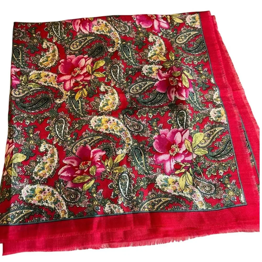 Vintage Liz Sinclair Red Paisley & Pink Floral Print Scarf
